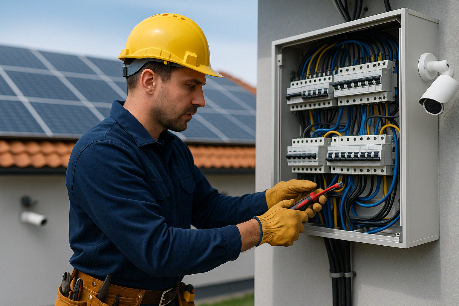 Eletricista com painel solar